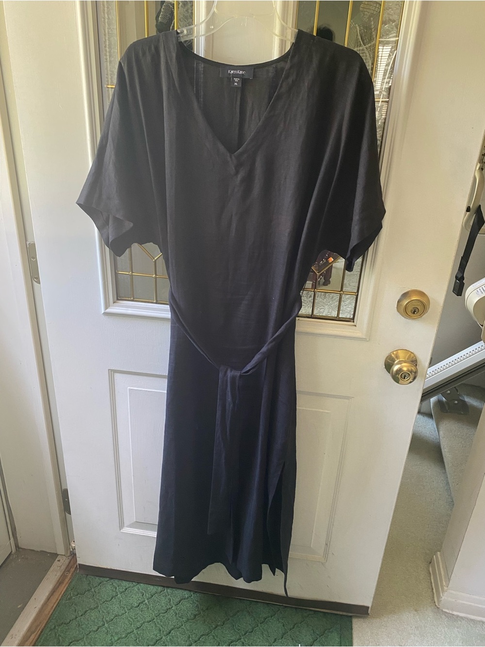 Black Linen  V-Neck Maxi Dress with Tie Waist XL. 50”L Karen Kane